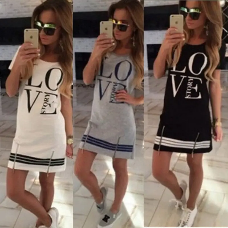 Popularstyle Casualletter Print O Neck Short Sleeve Zipper Long Aboveknee Dress Tops Blouse 4