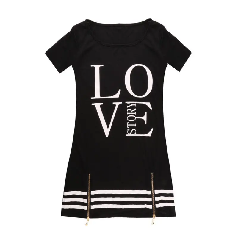 Popularstyle Casualletter Print O Neck Short Sleeve Zipper Long Aboveknee Dress Tops Blouse 5