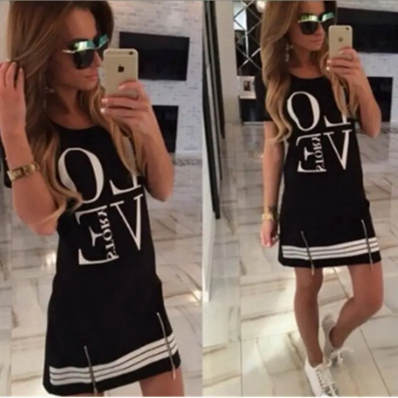 Popularstyle Casualletter Print O Neck Short Sleeve Zipper Long Aboveknee Dress Tops Blouse 5