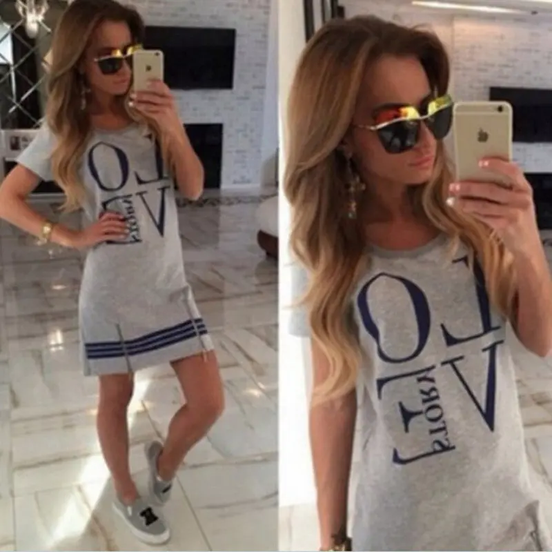 Popularstyle Casualletter Print O Neck Short Sleeve Zipper Long Aboveknee Dress Tops Blouse 6