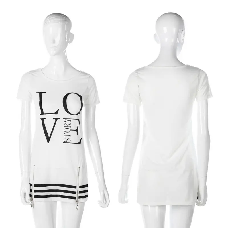 Popularstyle Casualletter Print O Neck Short Sleeve Zipper Long Aboveknee Dress Tops Blouse 7