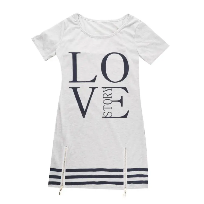 Popularstyle Casualletter Print O Neck Short Sleeve Zipper Long Aboveknee Dress Tops Blouse 9