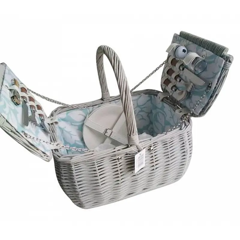 Portable Handle Wicker Willow Picnic Basket For 2 Person Include Dinnerware Blue Base White Flowers Design 88087 1