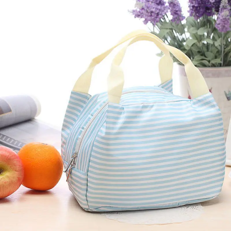 Portable Lunch Bag Canvas Stripe Picnic Fruit Tote Carry Case Insulated Cooler Zipper Organizer Lunch Box 1