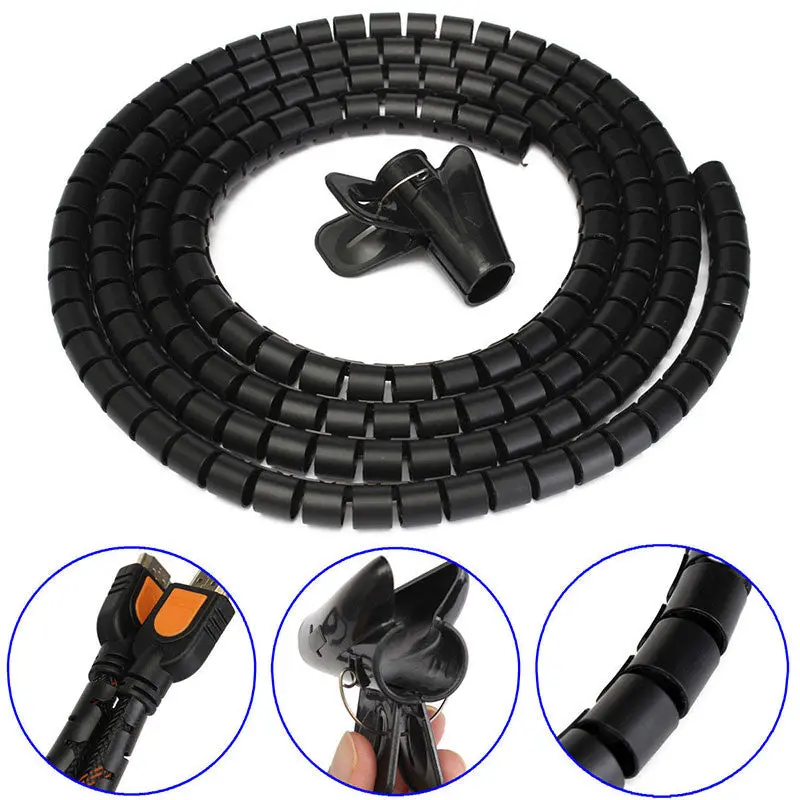 Practical 2M Cable Cord Tidy Pc Wire Organising Tool Kit Spiral Wrap Home Office 80583 1