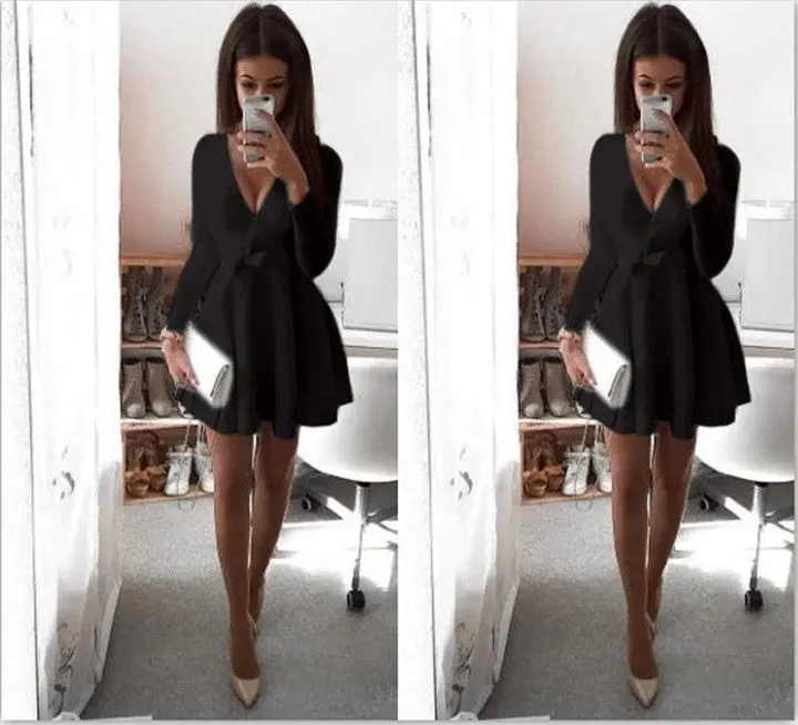 Preppy Style Women Dress Sexy V-Neck Long Sleeve Dresses Robe Sexy Solid Bow Ball Gown Mini Dress Vestidos Gv489 1