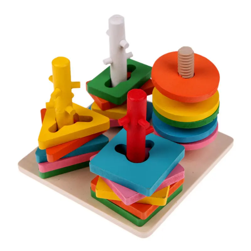 Preschool Toy Educational Wooden Toys Column Geometric Shapes Stacking Montessori Building Blocks 1