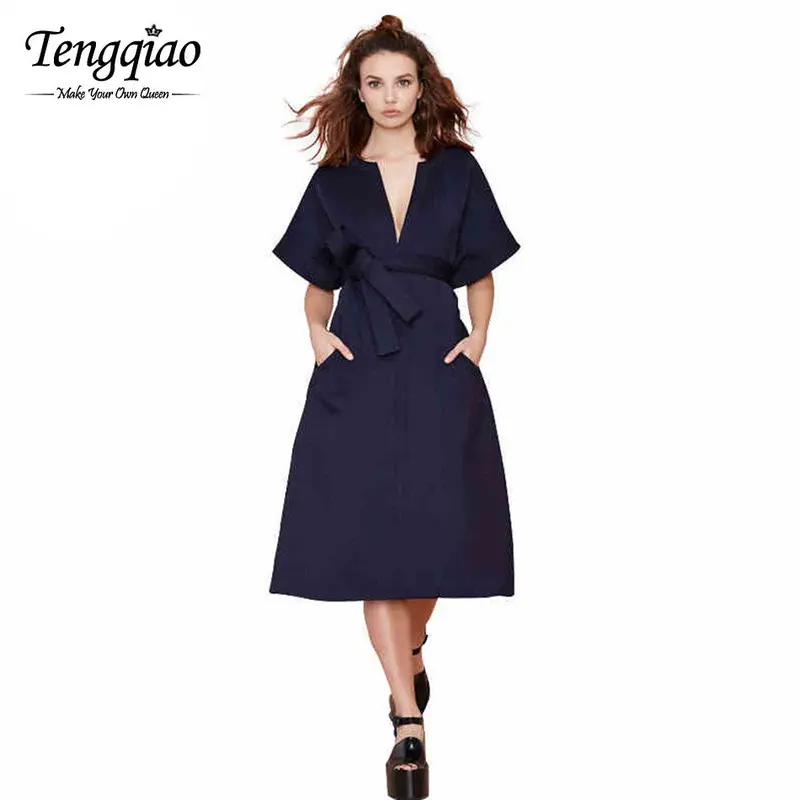 Presented A Belt Ladies Dress Casual Blue Maxi Dress High Waist Tunic Elegant Long Dress Xxl 1