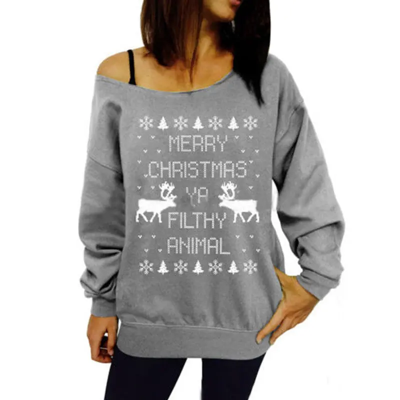 Print Animal Deer Christmas Tree Hoodies Women Off Shoulder Long Sleeve Sweatshirt Hoodie Green Blue Grey Red 1