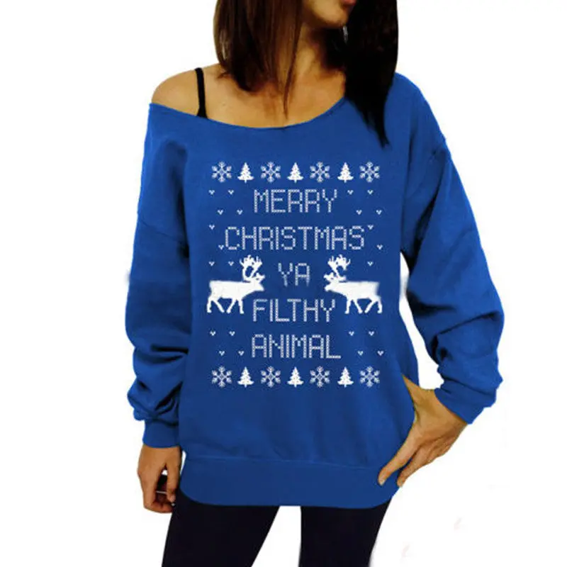 Print Animal Deer Christmas Tree Hoodies Women Off Shoulder Long Sleeve Sweatshirt Hoodie Green Blue Grey Red 2