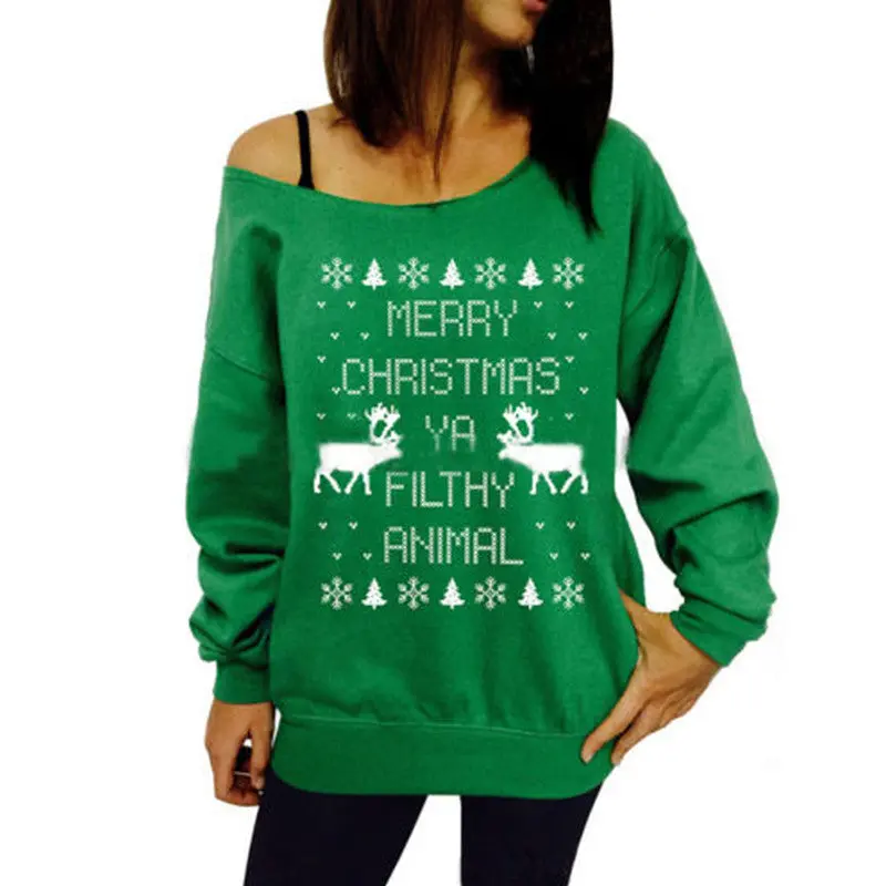 Print Animal Deer Christmas Tree Hoodies Women Off Shoulder Long Sleeve Sweatshirt Hoodie Green Blue Grey Red 3