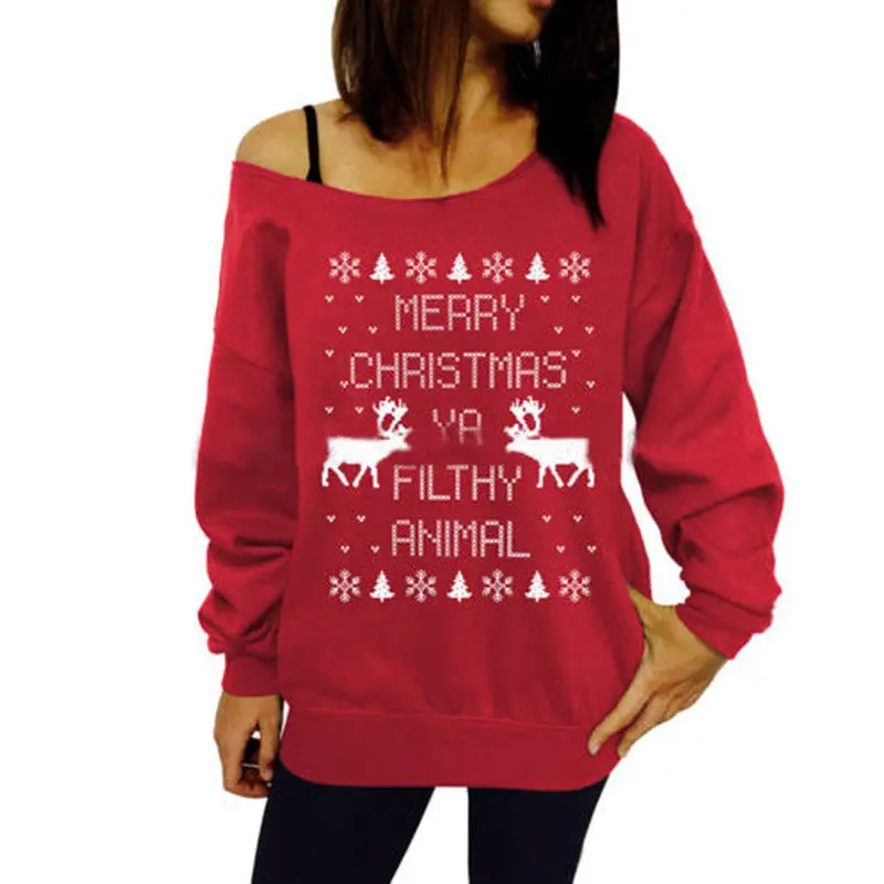 Print Animal Deer Christmas Tree Hoodies Women Off Shoulder Long Sleeve Sweatshirt Hoodie Green Blue Grey Red 4