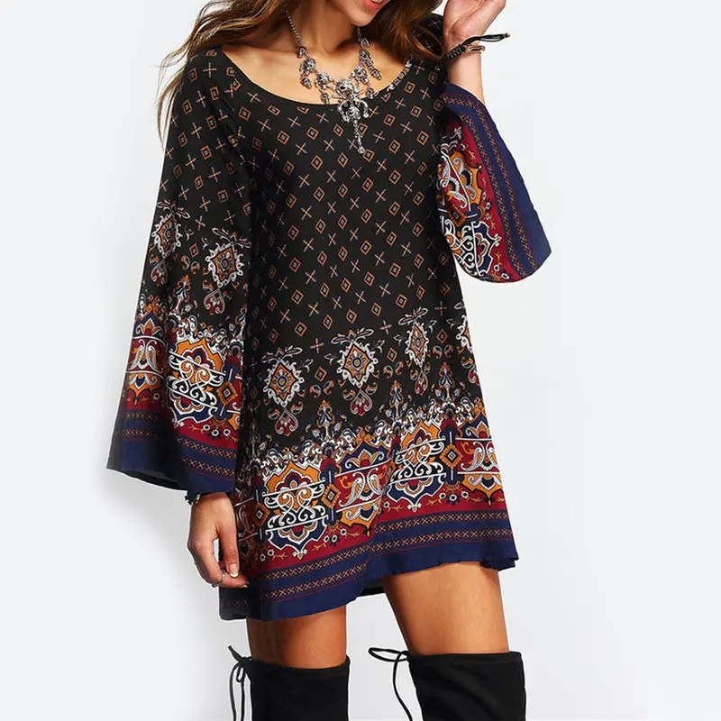 Print Dress Women Multicolor Scoop Neck Casual Party Long Sleeve Vintage Dress Vestido De Festa 1