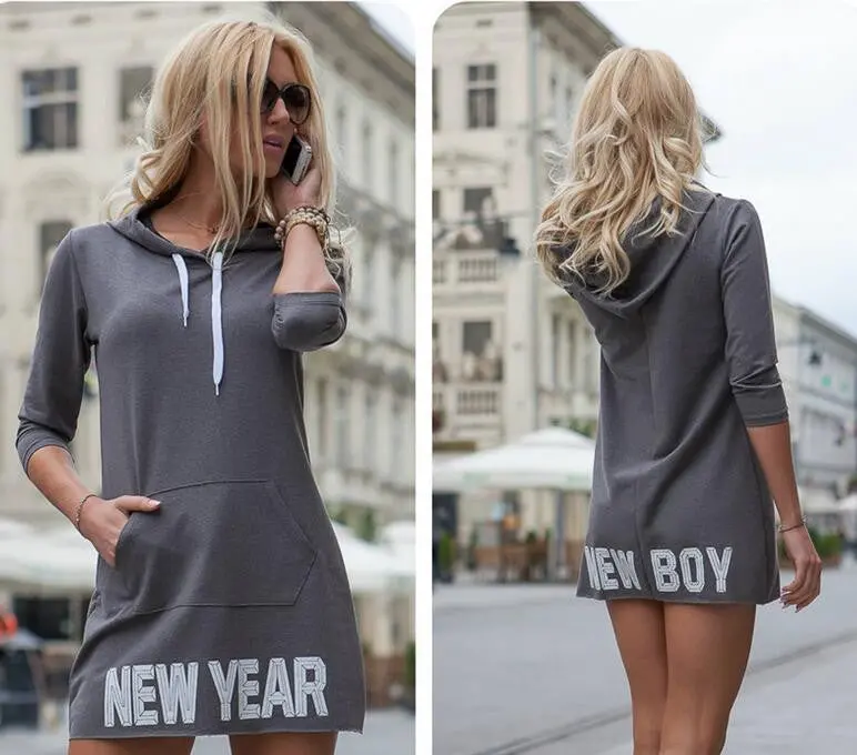 Printed Letter " Year" Women Hooded Dress Casual Sweatshirts Dress Pocket Sexy Mini Dress Gv405 4