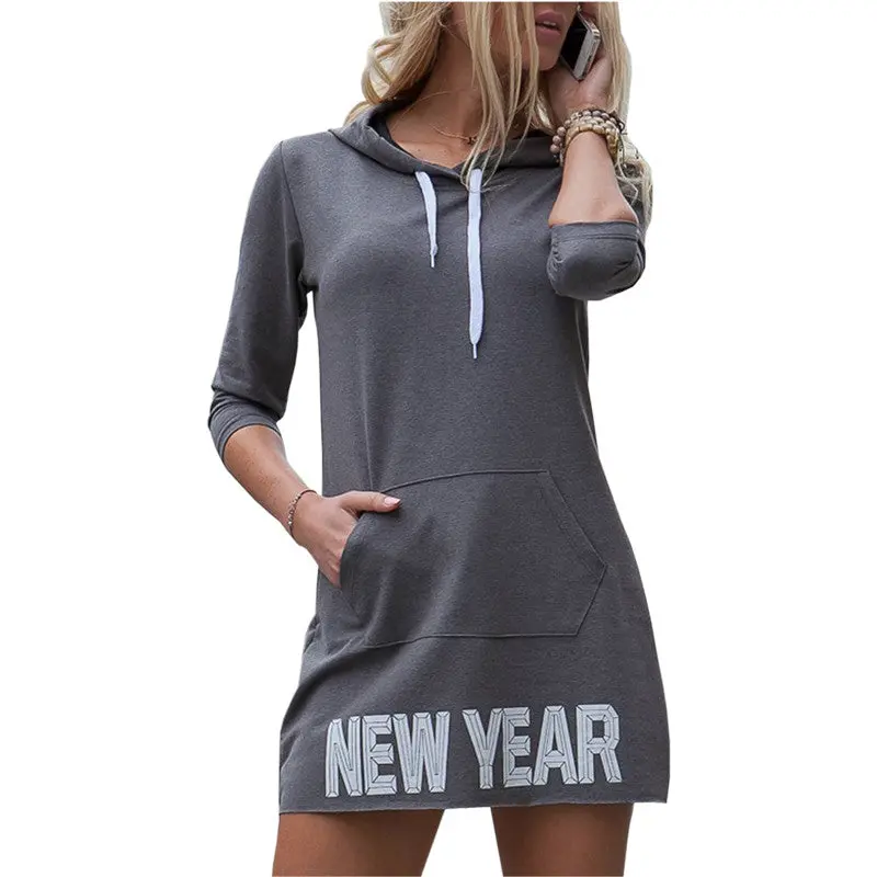 Printed Letter " Year" Women Hooded Dress Casual Sweatshirts Dress Pocket Sexy Mini Dress Gv405 6