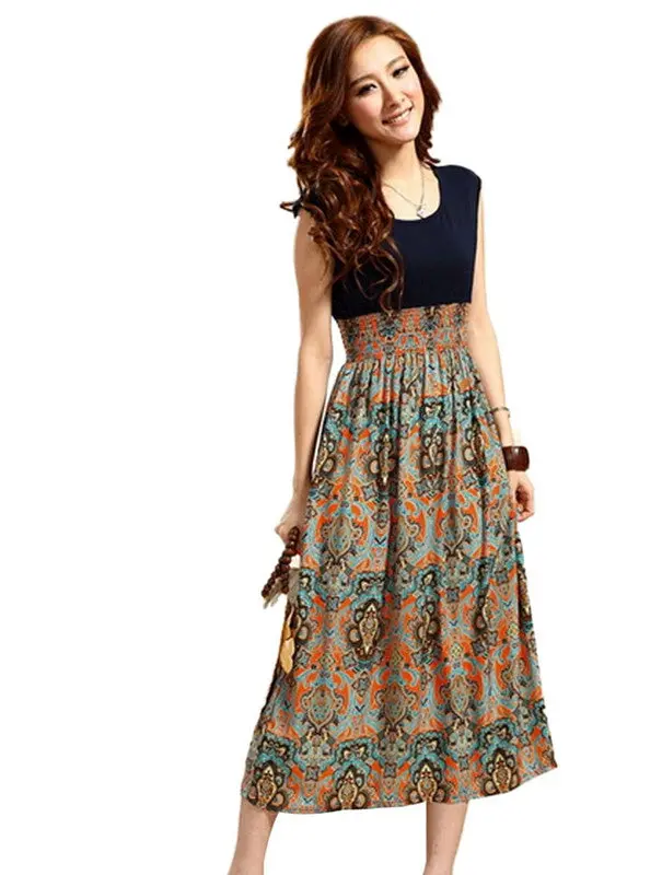Promotion Dress Women Lady Dresses Flower Printed Bohemia Sleeveless Maxi Long Dress Casual Office Ol Dress Vestido 2