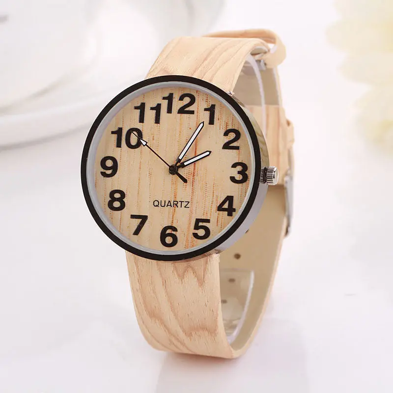 Promotional Gifts Simulation Wooden Relojes Women Men Watches Casual Clocks Wooden Color Leather Strap Watch Relogio 1