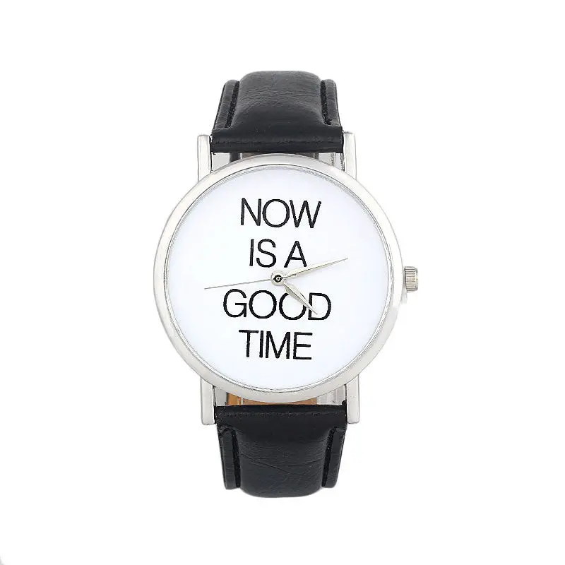 Promotions Watch Women Relojes Leather Band Now Is A Good Time Letter Print Analog Dial Wristwatch Lady Girl Casual Hours 1