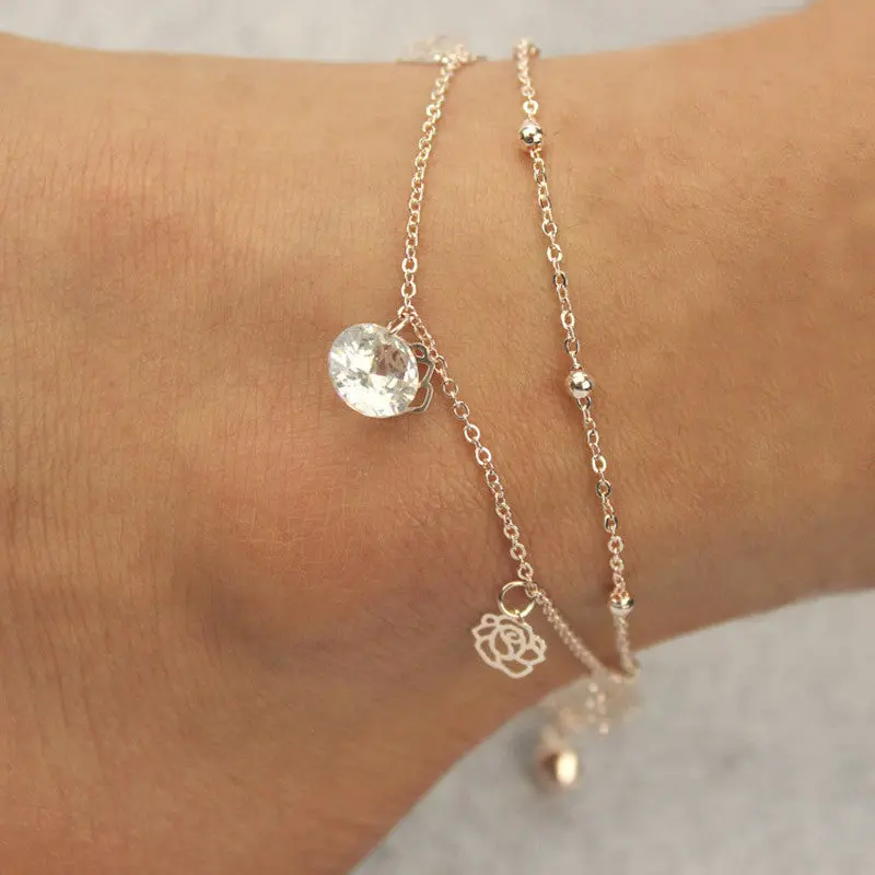 Promotions Women's 2 Layers Crystal Beads Sandal Beach Anklet Women Girls Ankle Chain Foot Jewelry 1