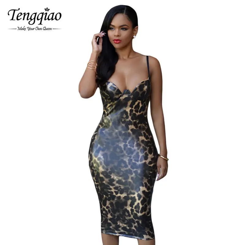 Pu Leather Dress Backless Sexy Dress Club Wear Back Split Party Night Long Bodycon Leopard Dress 1