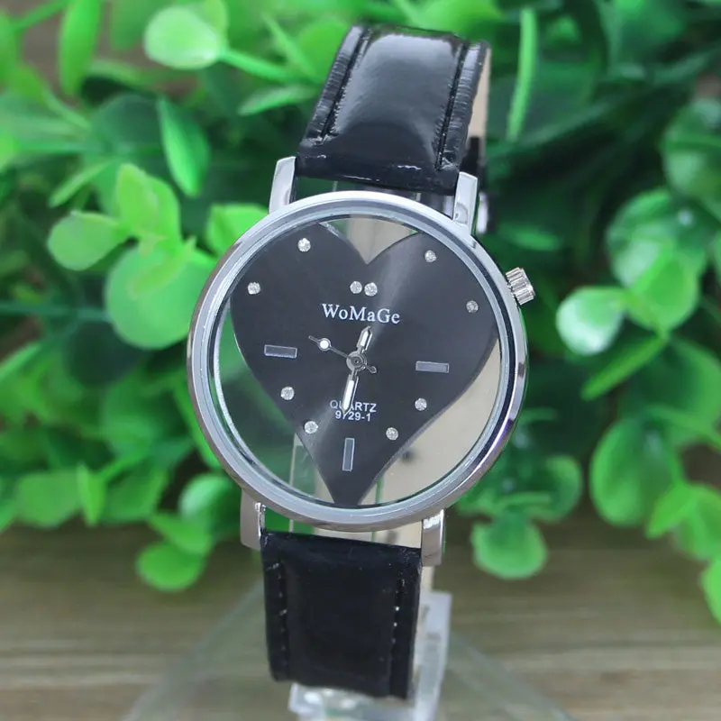 Pu Leather Transparent Dial Hollow Heart Analog Quartz Wrist Watch 1