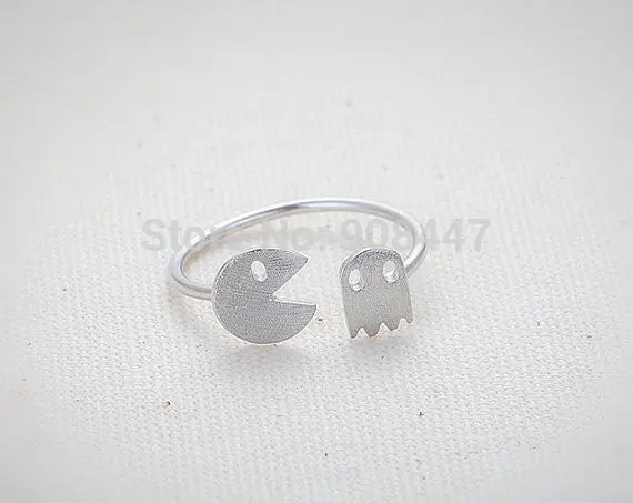 Puck Man Ring Ghost Ring In Gold And Silver Eat Bean Ring Fun Game Adjustable Ring 1