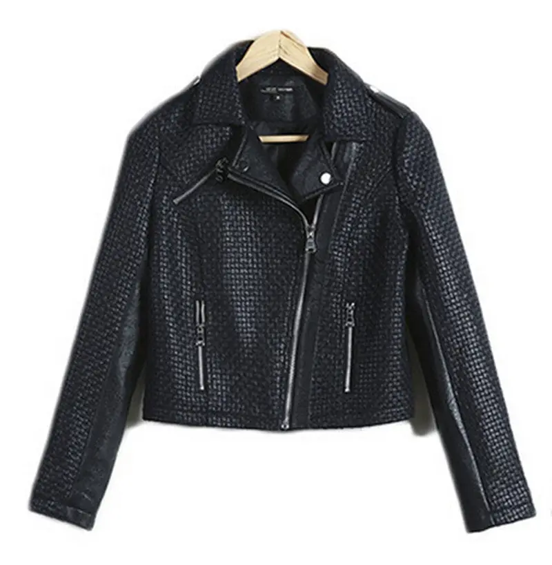 Punk Black Weave Pattern Short Motorcycle Biker Pu Leather Jacket Women's Lapel Zipper Faux Leather Coat Outerwear Tops 1