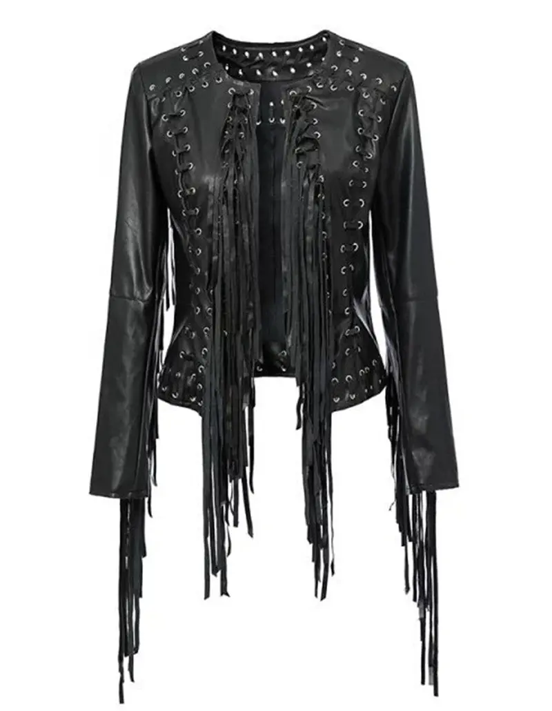 Punk Faux Leather Split Metal Cuffs Eyelets Lace Up Tassel Jacket Women's Faux Pu Leather Short Jacket Coat Outerwear 1