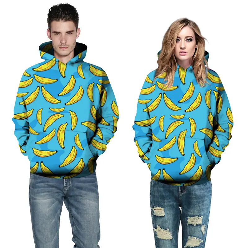 Punk Hooded Coat Digital Print 3D Blue With Yellow Bananasmoke Letter Pattern Hoodie Couple 4