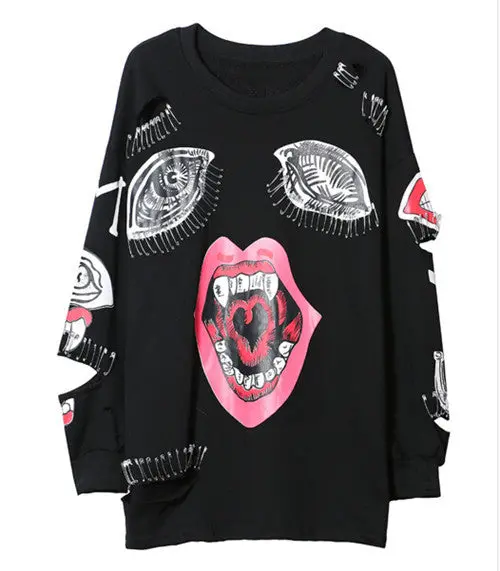Punk Mouth Print Spliced Pins Hole Sweatshirt Woman Harajuku Pullover Hoodies Clothing Feminina Loose Jumper Sweats 1