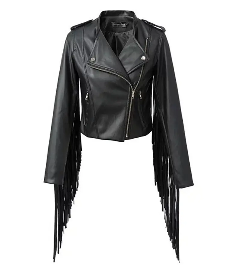 Punk Notched Collar Faux Leather Tassel Jacket Women Pu Leather Slim Fit Biker Fringed Coat Outerwear Black 1