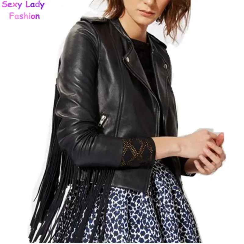 Punk Notched Collar Faux Leather Tassel Jacket Women Pu Leather Slim Fit Biker Fringed Coat Outerwear Black 2