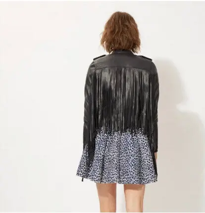 Punk Notched Collar Faux Leather Tassel Jacket Women Pu Leather Slim Fit Biker Fringed Coat Outerwear Black 3