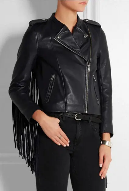 Punk Notched Collar Faux Leather Tassel Jacket Women Pu Leather Slim Fit Biker Fringed Coat Outerwear Black 4