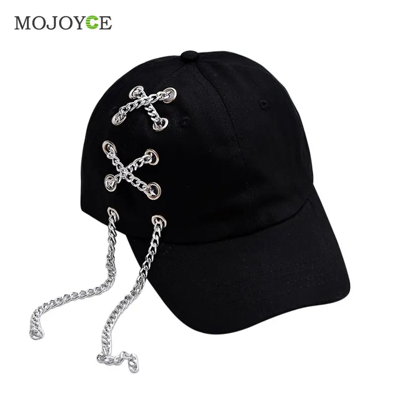 Punk Style Unisex Men Women Baseball Peaked Cap Adjustable Snapback Baseball Hat Metal Cahin Decor Hiphop Hat 1