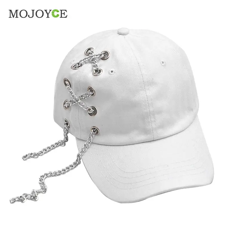 Punk Style Unisex Men Women Baseball Peaked Cap Adjustable Snapback Baseball Hat Metal Cahin Decor Hiphop Hat 2