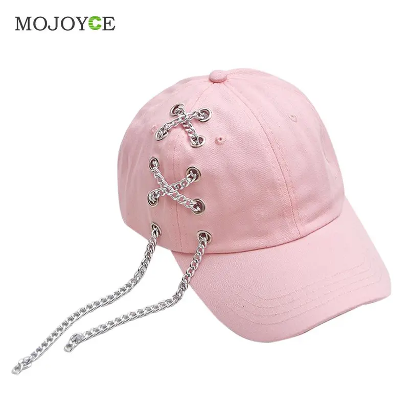 Punk Style Unisex Men Women Baseball Peaked Cap Adjustable Snapback Baseball Hat Metal Cahin Decor Hiphop Hat 3