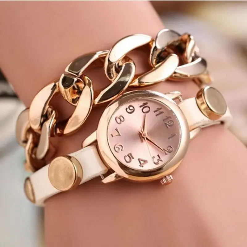 Punk Women Gold Watch Leather Wrap Analog Quartz Wrist Watches Bracelet Dress Hour Relogio Mujer Reloj 1