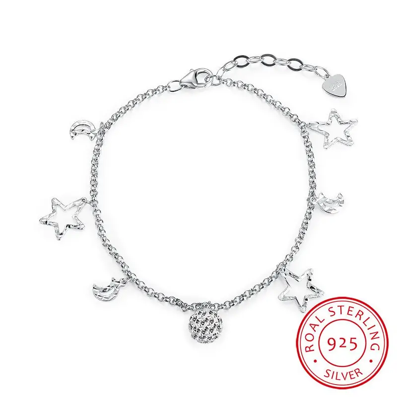 Pure 925 Sterling Silver Bracelets & Bangles Moon Star Brazaletes Pulseras Mujer Hand Madeball Hbh 72 1