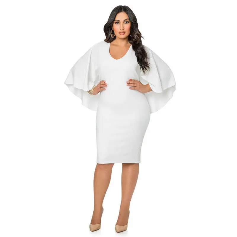 Pure White Unique Design Fashion From Paris Women Sexy Bodycon White Plus Size Batwing Sleeves Mini Dress Plus Size 1