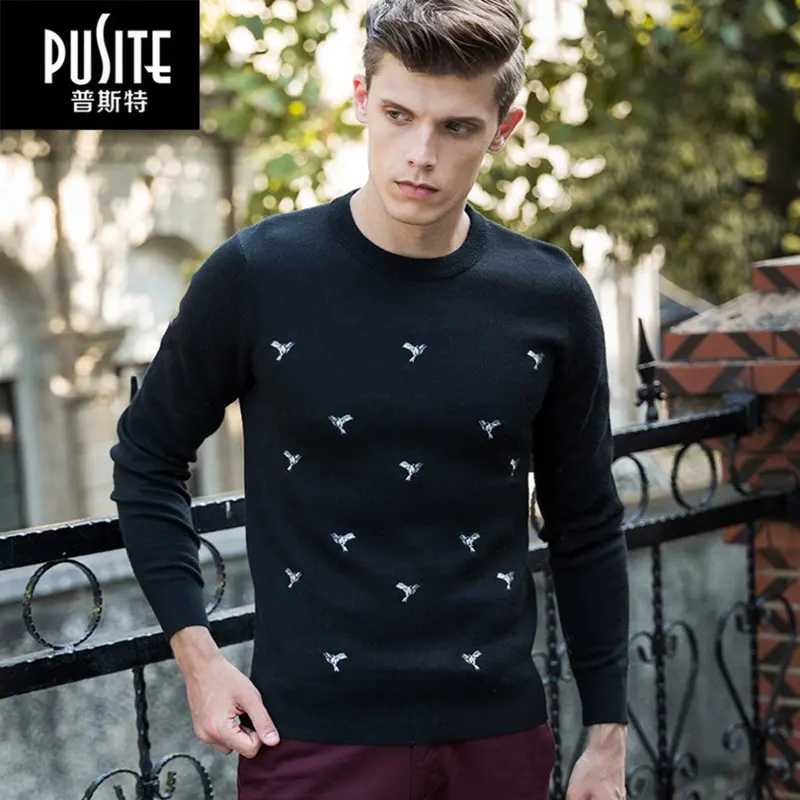 Pusite Pattern Bird Long Sleeve Sweaters Embroidered Knitting Shirt Pt030 M-Xxxl Size O-Neck 1