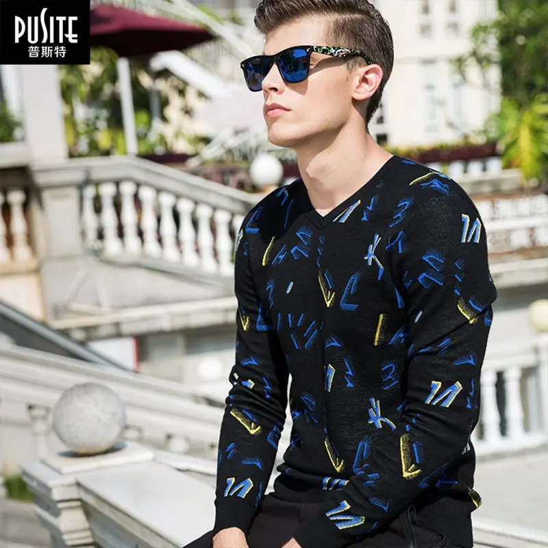 Pusite Unique Math Figure Jacquard Style Elastic Slimv-Neck Pullover Knitwear M-Xxxl 1