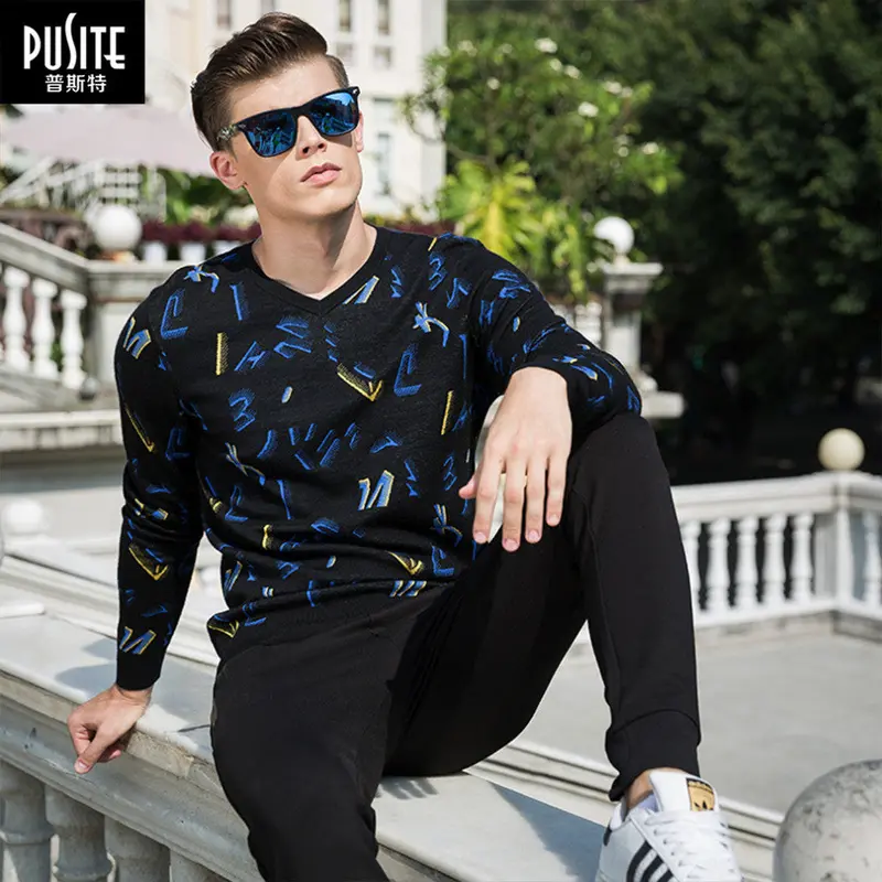 Pusite Unique Math Figure Jacquard Style Elastic Slimv-Neck Pullover Knitwear M-Xxxl 2