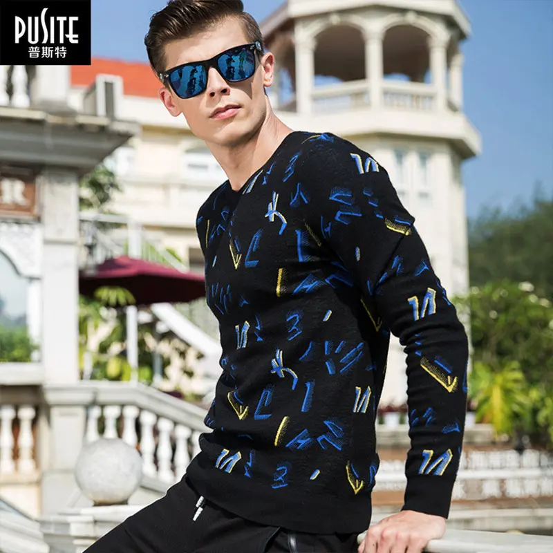 Pusite Unique Math Figure Jacquard Style Elastic Slimv-Neck Pullover Knitwear M-Xxxl 3