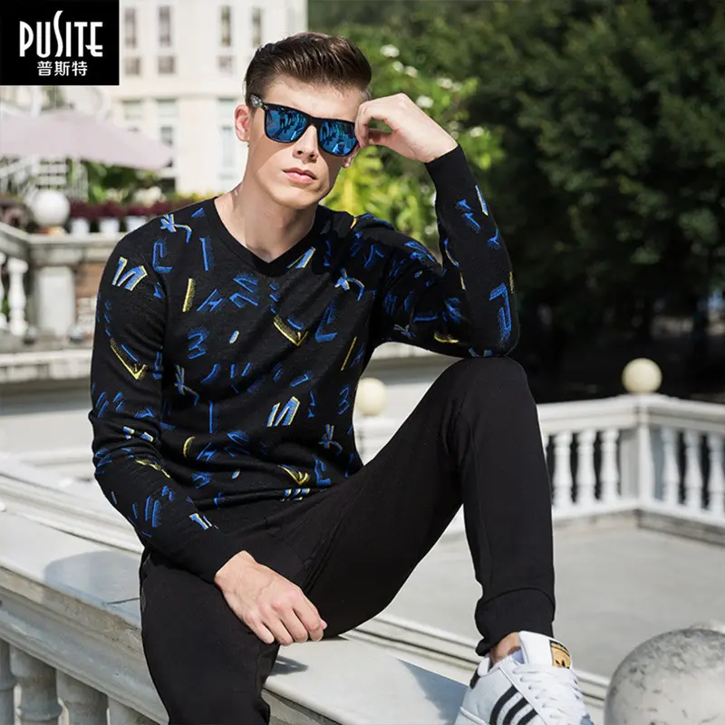 Pusite Unique Math Figure Jacquard Style Elastic Slimv-Neck Pullover Knitwear M-Xxxl 4