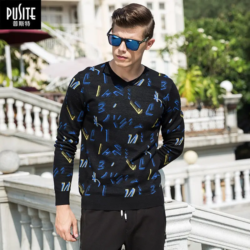 Pusite Unique Math Figure Jacquard Style Elastic Slimv-Neck Pullover Knitwear M-Xxxl 5