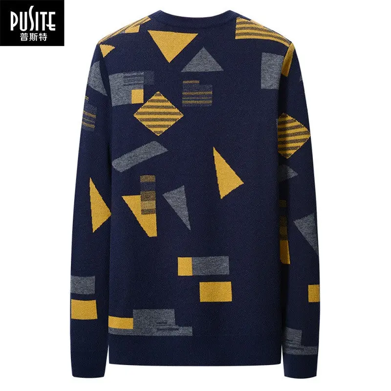 Pusiteo-Neck Stylish Geometric Squares Knitwear Pullover Elasticity Sweaters 1