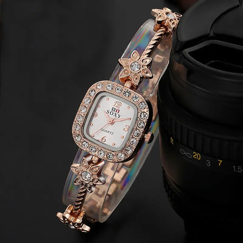 Quartz Watch Relogio Feminino Montre Flower Rose Gold Bracelet Wrist Watch Bling Bling Rhinestone Reloj For Girls 1