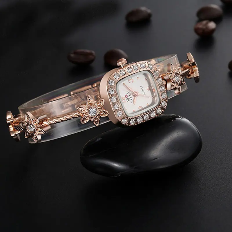 Quartz Watch Relogio Feminino Montre Flower Rose Gold Bracelet Wrist Watch Bling Bling Rhinestone Reloj For Girls 2