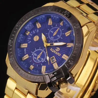 Quartz Watch Top Luxury Mens Black Dial Gold Stainless Steel Date Military Army Clock Analog Relogio Masculino 1